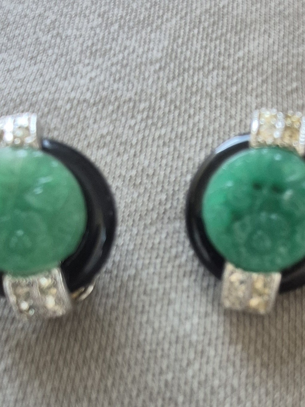 Kenneth Jay Lane Green and Black Resin Stud Earrings with Rhinestones